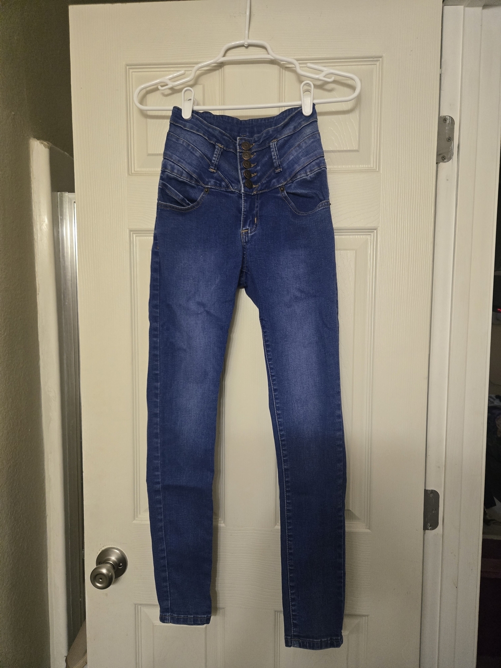 High-Rise Dark Blue Button-Front Skinny Jeans for Women
